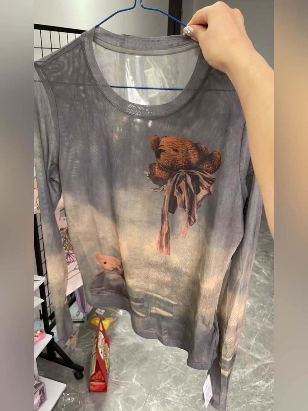 Acne Studios Light Blue Long-Sleeve Mesh Tee with Teddy Print